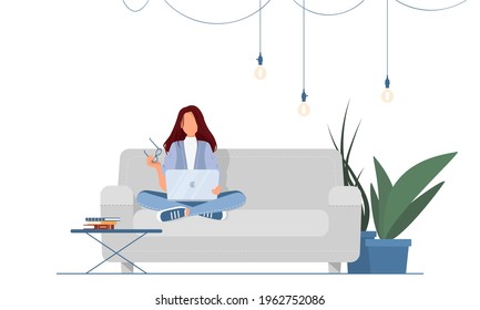 Modern young woman sitting on the sofa uses a laptop for working, studying, blogging or programming. Concept of a cute girl in a convenient workplace . Flat cartoon vector illustration.