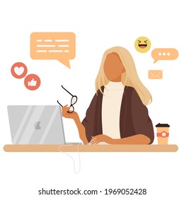 Modern young woman sitting on the table uses a laptop when communication, working, studying or blogging. Concept of cute girl in a convenient workplace. Flat cartoon vector illustration.