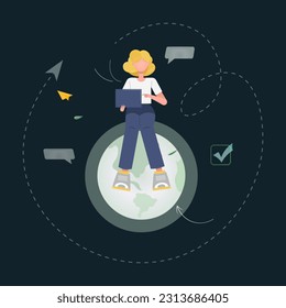 Modern young woman sitting on the globe use laptop vector program while working, studying. The concept of a cute girl at a comfortable workplace. Flat vector illustration.