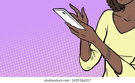 Moderne junge Frau mit einem Smartphone. Auf der Suche nach Informationen, online einkaufen. Das Konzept der Sorge um die Umwelt. Cartoon Vektor-Illustration Pop Art Hand gezeichnet. Design-Banner