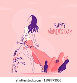 Modern Young Woman Standing in Stylish Pose on Nature View Pink Background for Happy Women's Day.