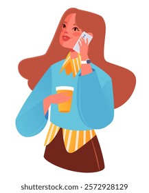 Modern young woman talking on phone and drinking coffee on takeout. Concept of modern fast life, communication, coffee, drinks on the go. Vector illustration completely hand drawn isolated on white