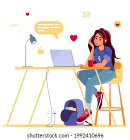 Modern young woman uses a laptop when working, studying, blogging, communication or programming. Work from home, freelancer, student. Concept of cute girl in a convenient workplace 