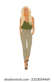 Modern young woman. Vector realistic illustration of pretty blond girl walking in stylish summer street fashion casual outfit, pants and top Isolated on white background.