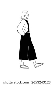 Uma jovem moderna caminhando pela cidade com uma roupa casual, mas chique. Esboço em preto e branco de um pedestre urbano para temas de estilo de vida e cultura juvenil