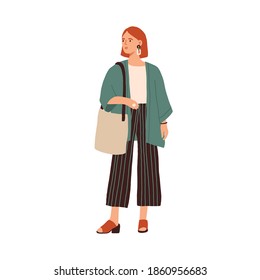 Modern young woman wearing casual clothes. Fashionable outfit. Stylish redhead female in cardigan and culottes isolated on white background. Flat colorful vector illustration