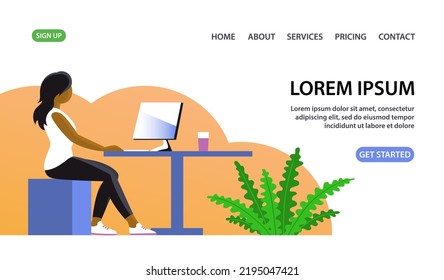 Modern young woman works in the office at a laptop. Young worker African American sit table. Successful business. Design for banner, website. Flat vector illustration