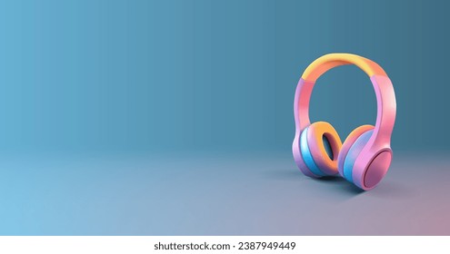 Modern youth 3D wireless headphones for listening to music. Colorful realistic image of portable headphones for advertising music tracks, songs, and albums.