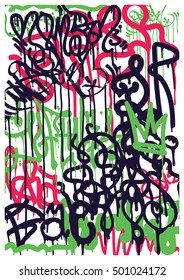 Modern Youth background with colorful graffiti tags. A simple poster in pink and green colors