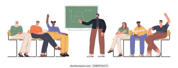 Modern youth is learning, Cute students at lecture listening to teacher, side view, different nationalities guys and girls. vector concept