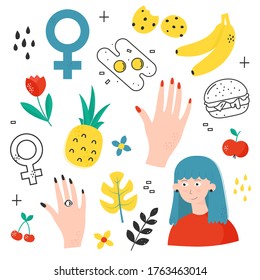 Modern youth set stickers and design elements isolated on white. Girly, stylish and fresh vector. Girl, fruits, hands. Suitable for poster, postcard, social networks. Doodle collection.