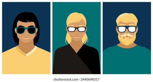 Modern youth wearing sunglasses. Three young men, boys and a girl in a stylized fashionable vector illustration