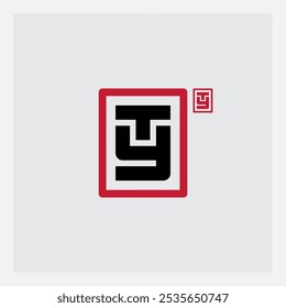 Modern YT Monogram Logo Design. Minimalist Letters Y and T Combined in Red Frame with Square Stamp. Perfect for Business Identity and Brand Mark. Professional Minimalist Monogram Design.