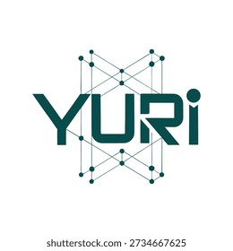 Modern Yuri Tech Logo Featuring Bold Typography Over Geometric Connected Network Data Lines.