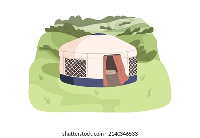 Modern yurt in nature. Nomadic house outdoors. Camping tent, remote fabric home in village for summer tourism, relaxation in Mongolia. Flat vector illustration isolated on white background