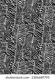 Impresión de cebra moderna, patrón vectorial sin fisuras con líneas negras y rayas sobre fondo blanco. Impresión nimista con imitación de piel de tigre para ropa de baño o ropa activa
