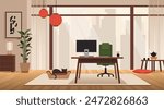 Modern zen home office with big window, home plant, computer and cat. Calm, roductive workplace in asian style with city view and creative atmosphere