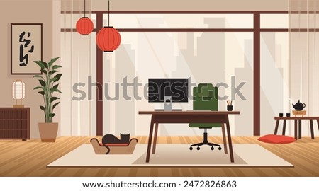 Modern zen home office with big window, home plant, computer and cat. Calm, roductive workplace in asian style with city view and creative atmosphere