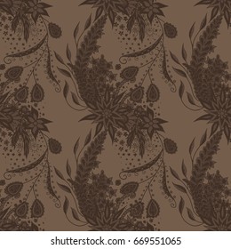 Modern Zendoodle Rapport. Seamless Floral Pattern for Feminine Print, Wallpaper, Swimwear. Detailed Zentangles hand Drawn, Scanned and Traced to Vector. Retro Faded Colors