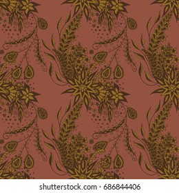Modern Zendoodle Rapport. Seamless Floral Pattern for Feminine Print, Wallpaper, Swimwear. Detailed Zentangles hand Drawn Vector. Retro Faded Colors