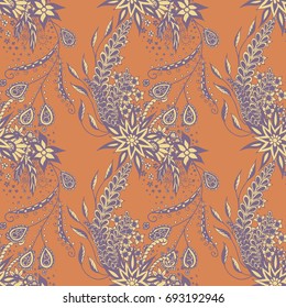 Modern Zendoodle Rapport. Seamless Floral Pattern for Feminine Print, Wallpaper, Swimwear. Detailed Zentangles hand Drawn, Scanned and Traced to Vector. Retro Faded Colors