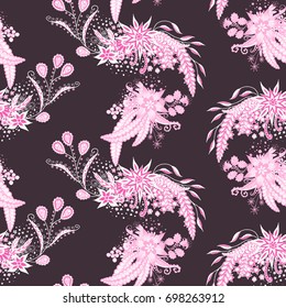 Modern Zendoodle Rapport. Seamless Floral Pattern for Feminine Print, Wallpaper, Swimwear. Detailed Zentangles hand Drawn, Scanned and Traced to Vector. Bright Fashionable Colors