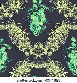 Modern Zendoodle Rapport. Seamless Floral Pattern for Feminine Print, Wallpaper, Swimwear. Detailed Zentangles hand Drawn, Scanned and Traced to Vector. Bright Fashionable Colors