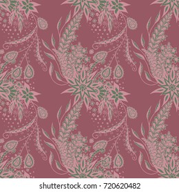 Modern Zendoodle Rapport. Seamless Floral Pattern for Feminine Print, Wallpaper, Swimwear. Detailed Zentangles hand Drawn, Scanned and Traced to Vector. Retro Faded Colors