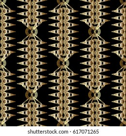 Modern zigzag aztec style seamless pattern.Striped geometric background wallpaper illustration with abstract gold and black 3d ornaments. Vector surface texture for fabric, print, textile.