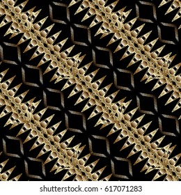 Modern zigzag aztec style seamless pattern.Striped geometric background wallpaper illustration with abstract gold and black 3d ornaments. Vector surface texture for fabric, print, textile.