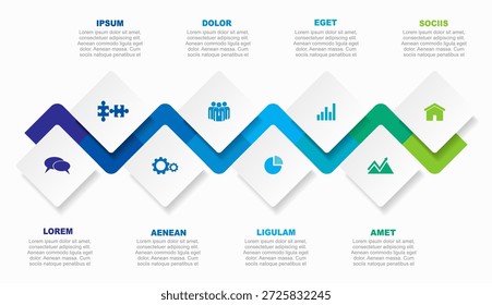 Moderna Plantilla de infografía en zigzag con secciones, íconos y pasos codificados por colores para procesos comerciales o líneas de tiempo de proyectos. Ilustración vectorial.