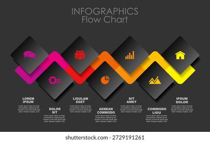 Modelo moderno de infográfico em ziguezague com seções, ícones e etapas codificadas por cores para processos de negócios ou cronogramas de projetos. Ilustração vetorial.
