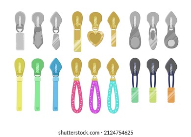 Modern zip sliders for clothes cartoon illustration set. Gold and silver zipper pullers with tassels for sportswear or leather backpacks. Fashion, metal accessories concept svg