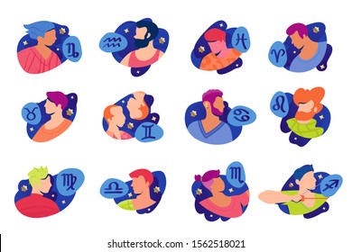 Modern zodiac signs set with men's profiles and golden stars isolated on white background.  Bright trendy vector concept.