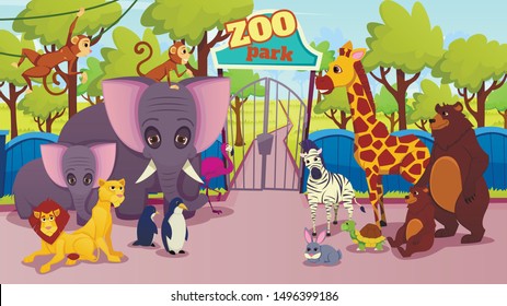 Modern Zoo Park Animals Species Cartoon Vector Concept with African Savanna, Amazonian Jungles and Northern Pole Wind Animals Cute, Adorable Characters Standing Together at Zoo Gates Illustration