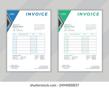 Modern,clean,professional,unique vactor invoice layout design template for business with two color variation available .

