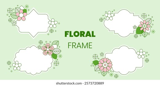 Modern,flat and elegant floral frame border. Set of label or sticker design. All layered and grouped. Vector.