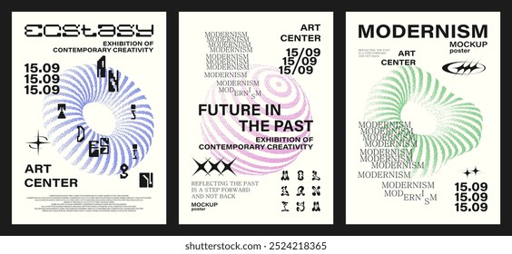 Modernism aesthetics in minimalistic posters. Halftone shapes and Swiss design. Bauhaus, funky geometric shapes y2k in retro futuristic posters. Vector posters minimalist y2k graphic set