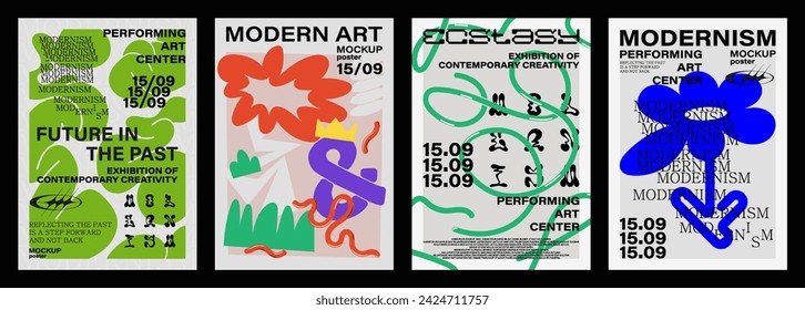 Modernism aesthetics of Swiss design, brutalism. Abstract posters with geometric shapes in the style of modernism, Bauhaus, funky. Reinvented modernism, a trend for 2024. Posters Bauhaus, graphic set