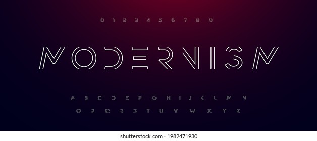 Modernism alphabet. Outline thin lines font like road, maze, frame. Futuristic techno type for scifi logo, contour neon headline or hud monogram. Minimal letters and numbers vector typographic design