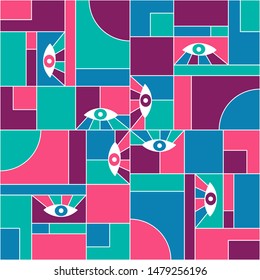 Modernism bauhaus geometric seamless pattern with eyes. Minimal vector avant garde fashion pattern fabric print. White grid, geometric shapes, open eyes bauhaus style seamless  textile background.