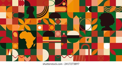 Modernism style Black History Month holiday abstract pattern banner, wallpaper, web, card, background . Celebration print design cover with African continent flag, african man and woman profile.