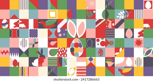 Modernism style  Easter holiday abstract geometric pattern, wallpaper, web, banner. Happy Easter celebration print festive design cover with rabbit, easter bunny and eggs, Retro vector ornament