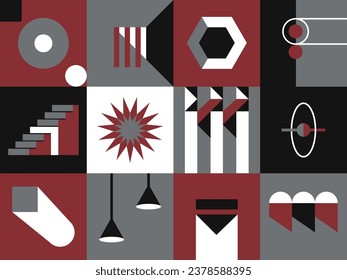 Modernist abstract geometric squares collage with circles, straight lines and waves. Contemporary artwork and drawing, shapes and forms. Stairs and hanging lamps, pin and sun burst. Vector in flat 
