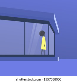 Modernist architecture, young black female character standing in front of the window, outdoor view