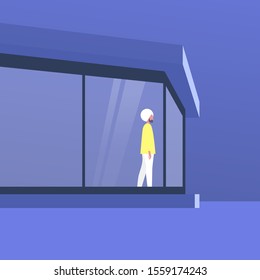 Modernist architecture, young indian character standing in front of the window, outdoor view