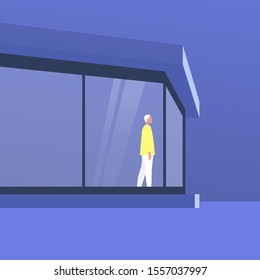 Modernist architecture, young male character standing in front of the window, outdoor view