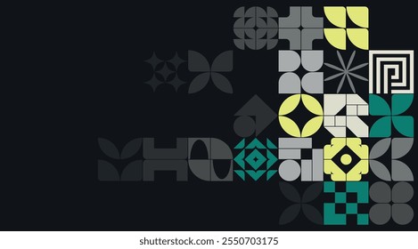 Modernist banner with geometric shapes and architectural elements arranged in the style of a construction game