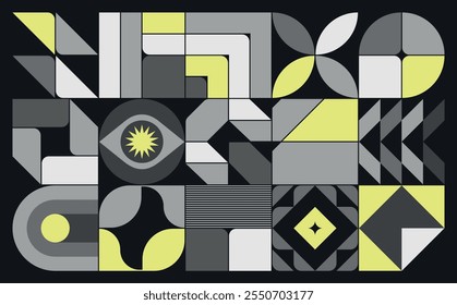 Modernist banner with geometric shapes and architectural elements arranged in the style of a construction game