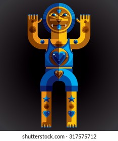 Modernistic vector illustration, geometric cubism style avatar isolated on dark background. Strange character image made in flat design.